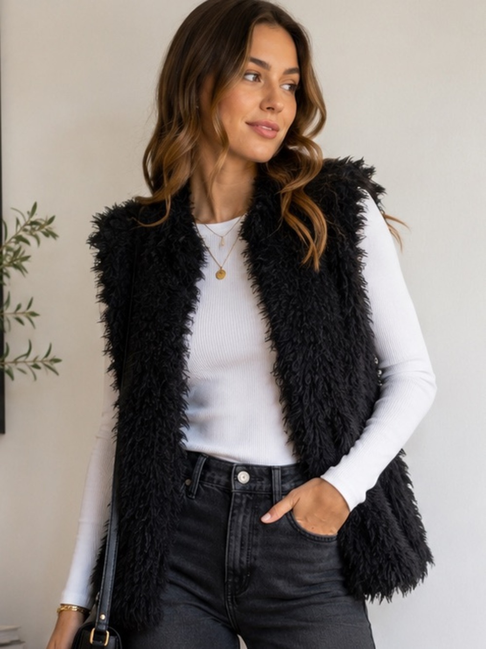 Oversized Black Faux Fur Vest